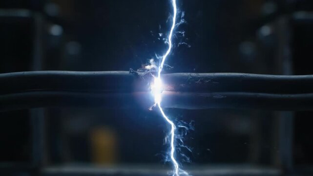 A powerful electric arc jumps across a broken cable with flying sparks. Close-up of a high voltage short circuit. Raw power and energy concept