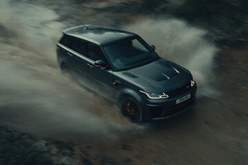 Dark Range Rover Sport SVR driving through water, creating splashes and spray.