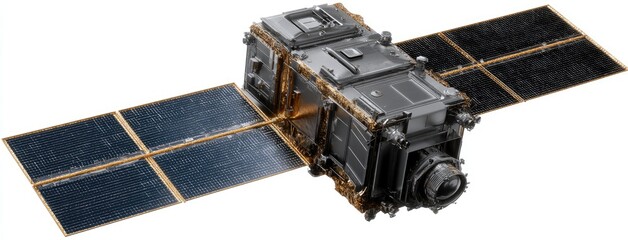 Satellite orbiting Earth during daylight with solar panels extended for energy collection and data transmission activities