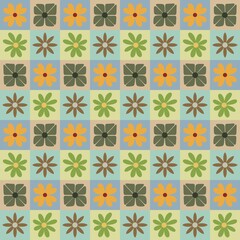 Retro Mid-Century Flower Grid Seamless Pattern, Vintage Earth Tones Textile Background, Stylized Floral Geometric Wallpaper for Home Decor
