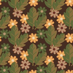 Retro Mid-Century Flower Seamless Pattern, Vintage Autumn Earth Tones Textile Background, Stylized Floral Geometric Wallpaper for Fall Decor.
