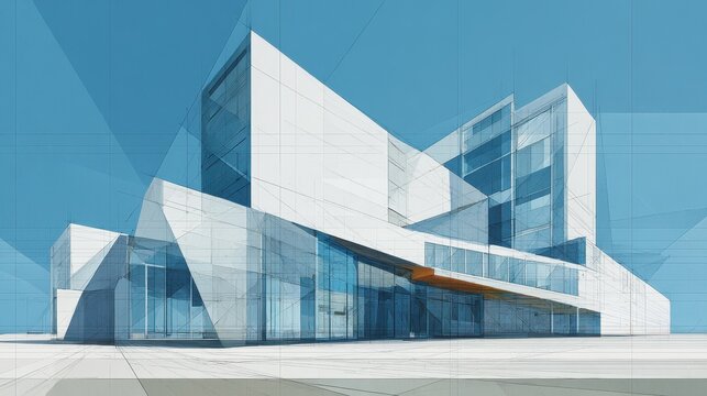 Futuristic architectural rendering of a modern geometric building design against a blue background.