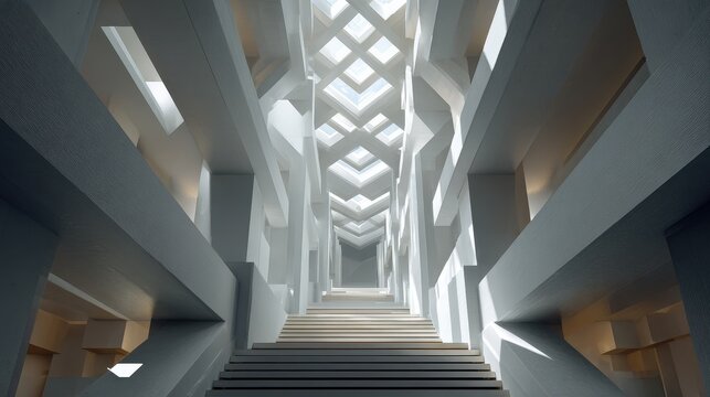 Bright geometric interior with grand staircase and intricate skylight ceiling.