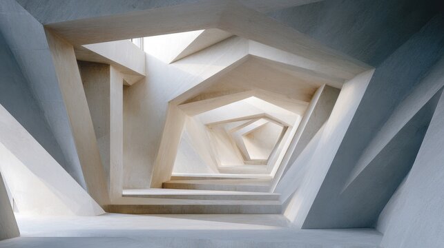 Dynamic geometric interior with angular walls and illuminated winding stairs.