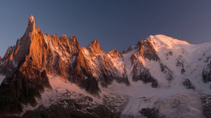 Breathtaking mountainous landscape during sunrise or sunset, sharp snow-covered peaks with dramatic shadows,