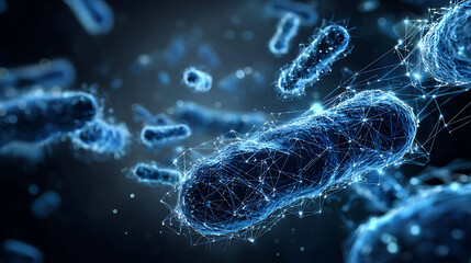 Bacteria and virus shapes combined into digital data flow, abstract representation of infection and technology, blue gradient lighting