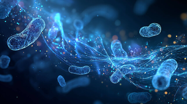 Bacteria and virus shapes combined into digital data flow, abstract representation of infection and technology, blue gradient lighting