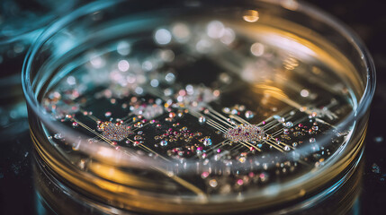 Petri dish with bacteria forming abstract geometric patterns, soft laboratory light, macro photography realism, science and innovation theme