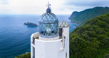 Aerial view from a drone of the Gorliz lighthouse, located on Cape Billano, between Gorliz and...