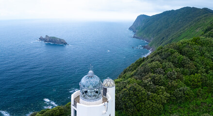 Aerial view from a drone of the Gorliz lighthouse, located on Cape Billano, between Gorliz and...