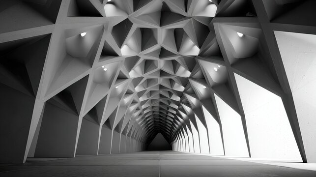 Futuristic Geometric Vaulted Corridor with Dramatic Lighting and Monochrome Tones