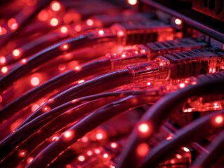 赤いLEDライトが輝くネットワークケーブルと接続ポートをクローズアップで撮影した通信インフラ写真