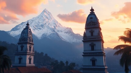 Majestic mountain peaks tower over ancient temple structures at sunset, creating a serene landscape, Ideal for travel blogs, cultural articles, or promotional materials highlighting natural beauty,