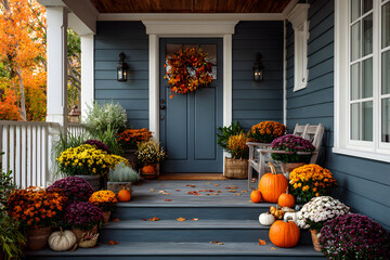 Autumn-themed home entrance. Porch decorated with fall pumpkins, wreath, and colorful flowers. Dark blue house with white trim