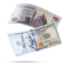 Egyptian 200LE Banknotes and 100$ Flying on a White Background, Currency Exchange Concept, Focus on Egyptian Banknote