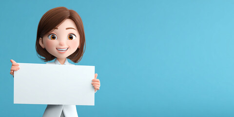 Adorable cartoon style businesswoman smiling while holding blank sign against blue background, conveying cheerful and inviting atmosphere