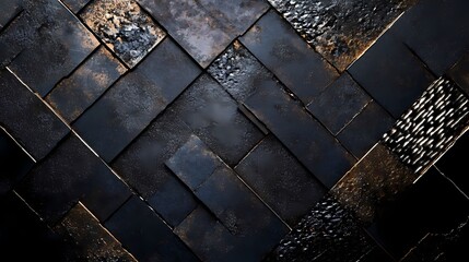 Abstract textured surface of dark metal tiles arranged in a geometric pattern, creating a modern aesthetic
