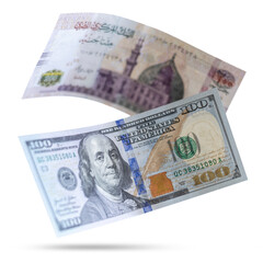 Egyptian 200LE Banknotes and 100$ Flying on a White Background, Currency Exchange Concept, Focus on USD
