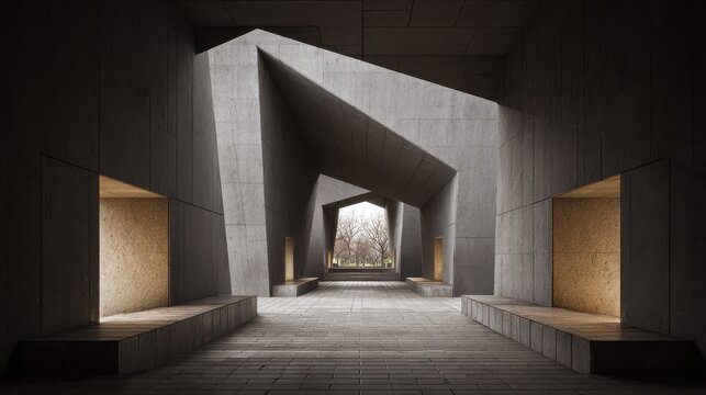 Brutalist Geometric Concrete Hallway with Benches and Outdoor View