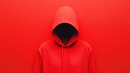 A shadowy figure in a red hoodie stands against a solid red background, creating a striking visual that conveys mystery and intrigue, Ideal for themes of anonymity, urban culture, or fashion,