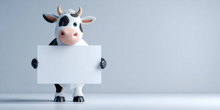 Cute cow standing upright, holding blank sign, showcasing playful and friendly demeanor in minimalist setting
