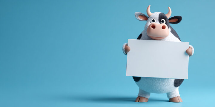 Cute cow standing upright, holding empty sign against blue background, exuding cheerful and playful vibe