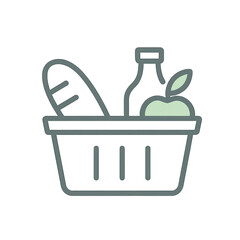 Fresh Food Essentials Basket: A minimalist illustration of a shopping basket filled with fresh produce, including a loaf of bread, a bottle of milk, and a crisp apple.