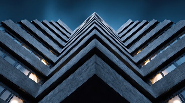 Abstract Low Angle View of Modern Geometric Concrete Building Architecture at Dusk