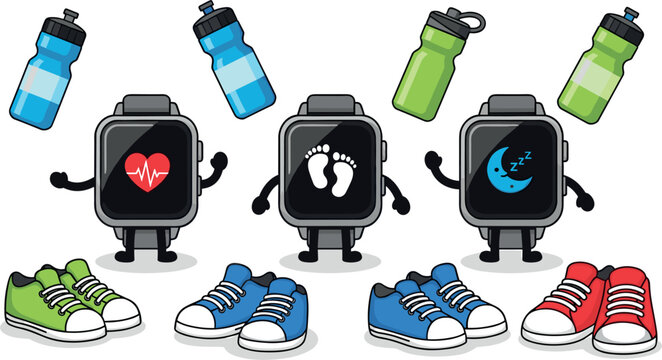Cute smartwatches and sneakers representing fitness and health tracking