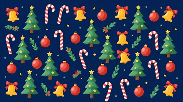 Animated Christmas pattern with festive elements. Swaying trees, candy canes, and bells on a blue background. Holiday motion graphic for seasonal greetings