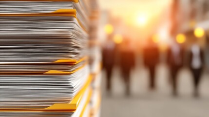 A stack of paper files with yellow tabs arranged neatly, featuring four individuals blurred in the background,