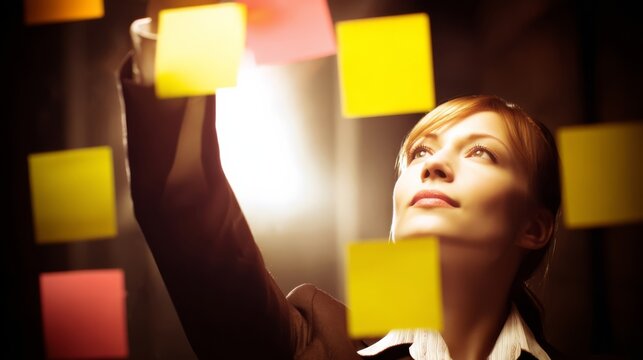 A determined woman reaches towards vibrant sticky notes in a bright setting,