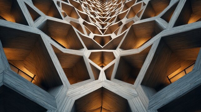 Abstract Low Angle View of a Geometric Facade with Warm Lighting