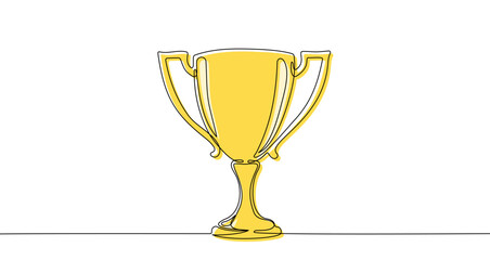  Golden winner's cup in one line art style. Drawing of an award trophy with editable black stroke and yellow color block on a white background. Vector illustration.