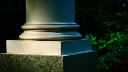 Classical stone column base with textured gray surface rests on rough foundation,