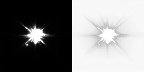 Bright starburst effect overlay on contrasting black and white backgrounds, creating dynamic visual interest for creative projects and graphic design applications