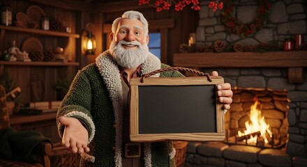 Festive Santa Claus holds chalkboard ready for your message. Christmas mockup, holiday promotions, greeting cards, social media, or seasonal designs. Cozy hearth background.