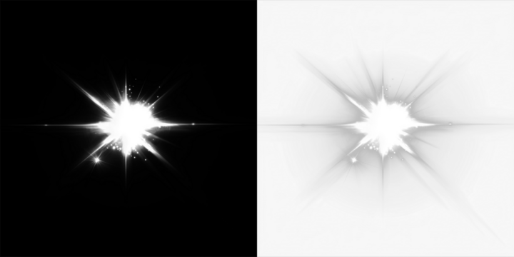 Bright starburst effect overlay on contrasting black and white backgrounds, creating dynamic visual interest for creative projects and graphic design applications