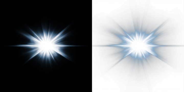 Bright light burst overlay with radiant beams on black and white backgrounds, creating a striking visual effect for design projects and artistic compositions