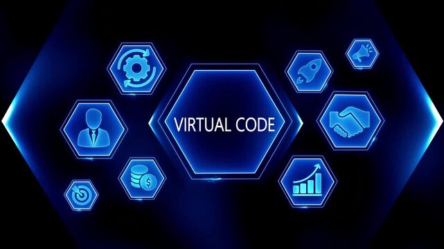Virtual Code Business Technology Icons Hexagon Network Growth Success Strategy Finance Partnership Innovation Rocket Launch Marketing