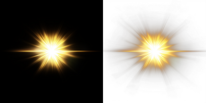 Bright golden starburst overlay on contrasting black and white backgrounds, creating dynamic visual effects for creative design projects and digital artwork enhancement