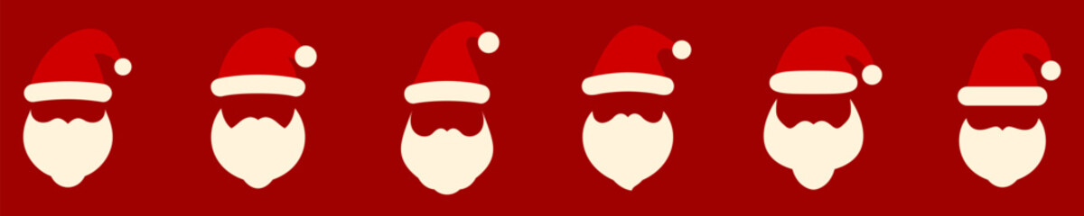  Santa Claus beard and red hat silhouette illustration. Set of colored icons isolated on dark red background. Vector illustration.