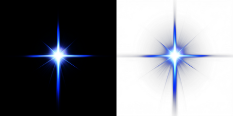 Bright blue starburst overlay on contrasting black and white backgrounds, creating a striking visual effect for design and artistic applications with copy space