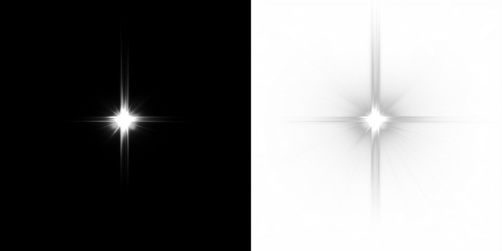 Bright starburst overlay on contrasting black and white backgrounds, creating a striking visual effect for design projects and artistic compositions with copy space