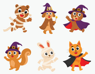 Cute cartoon animals in Halloween costumes including witches, mummy, and vampire