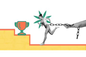 Composite creative art collage of happy girl run chair goblet aim determination chain hand boss effort isolated on painted background