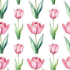 Fototapeta premium Watercolor tulip pattern. spring flowers. Beautiful romantic endless background for Valentine's Day, festive design, fabric.