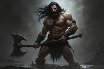 Full-length image of flamboyant, muscular barbarian warrior with large halberd