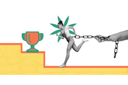 Composite creative art collage of happy girl run chair goblet aim determination chain hand boss effort isolated on painted background