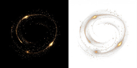 Abstract swirl illustration with golden sparkles on contrasting black and white backgrounds,...